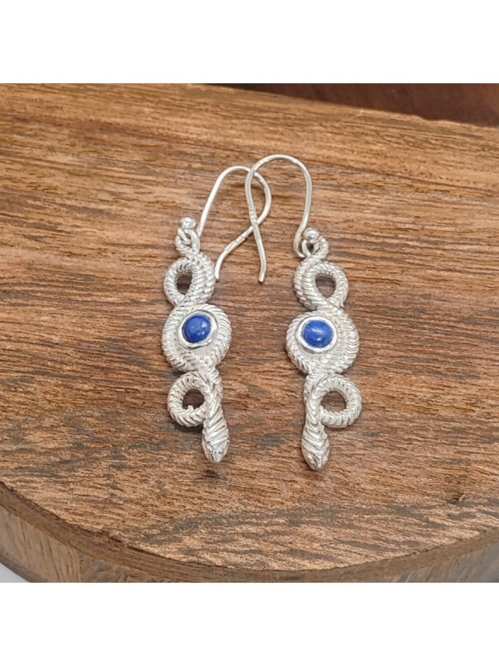 925 Sterling Silver Rattlesnake Earrings w/Lapis Lazuli Stone 1.5" Long - Picture 3 of 8